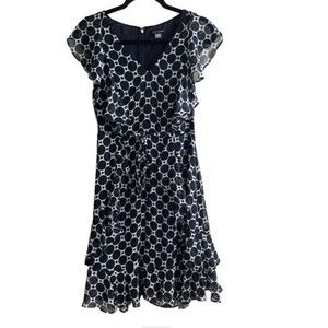 Tommy Hilfiger  Navy Blue/White Fit&Flare Chiffon Dress Sz 8-10 Ruffled Lined